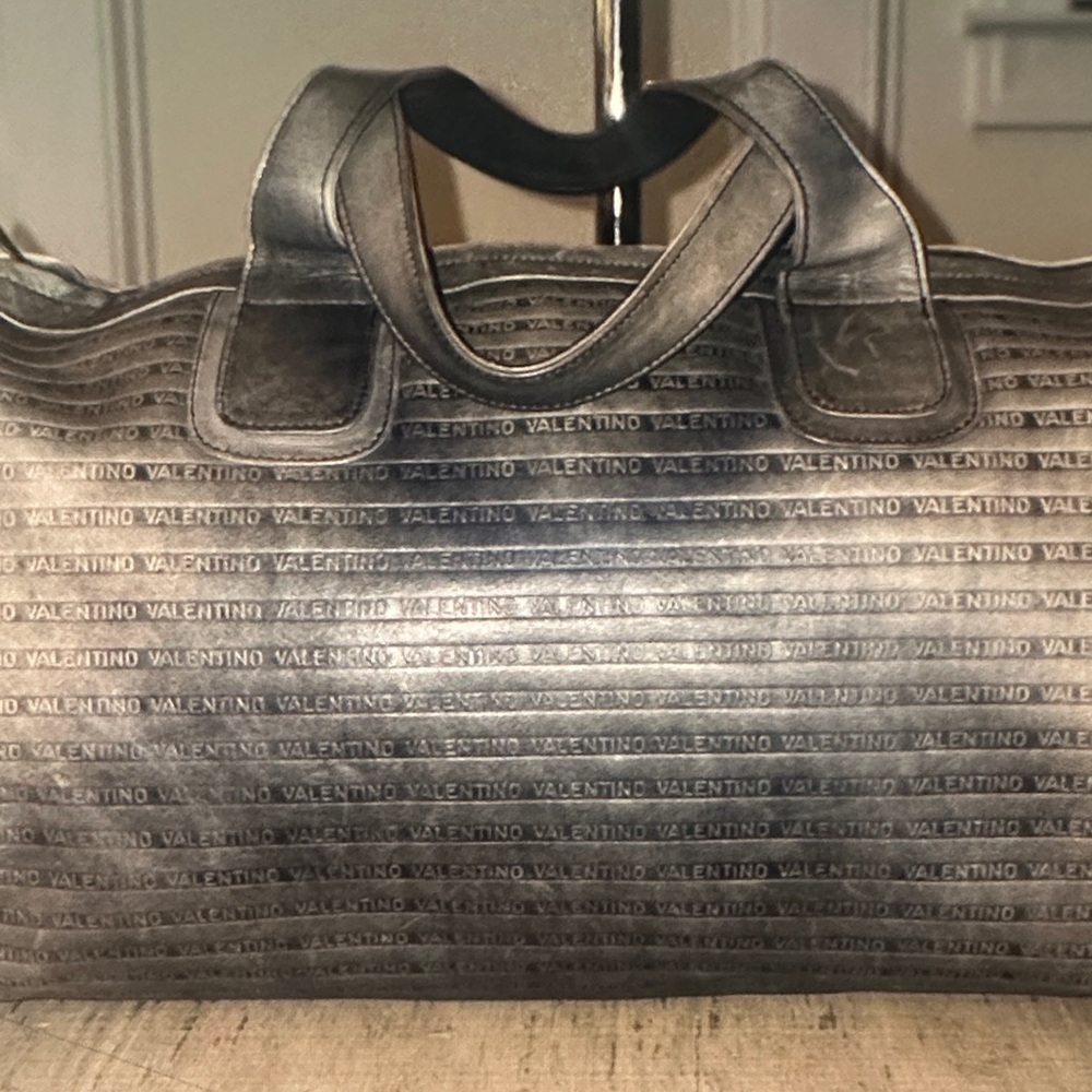 Valentino Metallic Gray Logo Tote